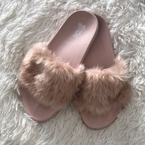 Plush pink slip on sandals